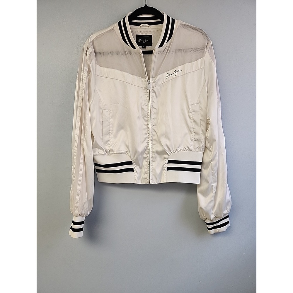 Sean John Cropped Windbreaker Bomber Jacket Womens XL White Mesh Detail Pockets